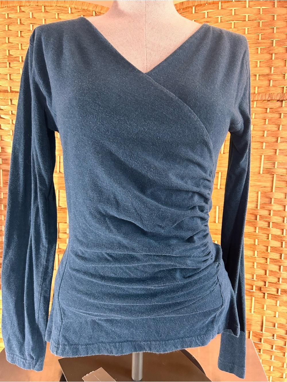 KÜHL Organic Cotton Ruched Wrap V Neck Long Sleeve Top Blue M
